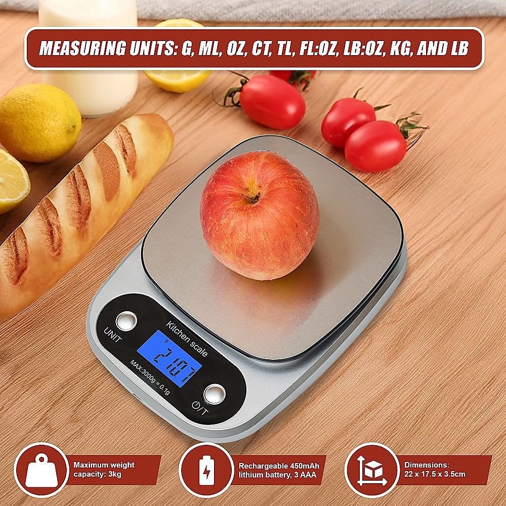 0.1g Digital Kitchen Scale 3kg Rechargeable High Precision Food V63-826651