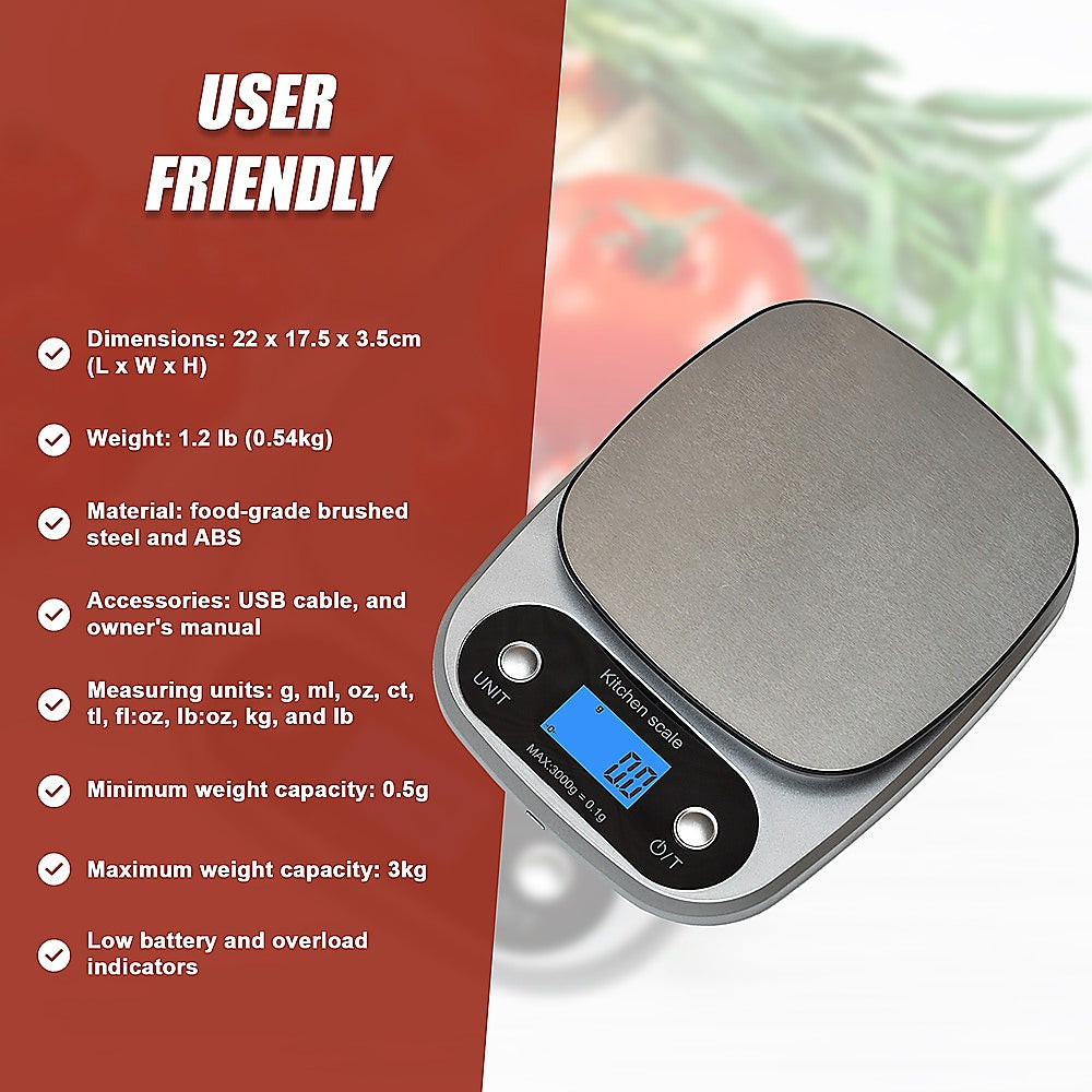 0.1g Digital Kitchen Scale 3kg Rechargeable High Precision Food V63-826651