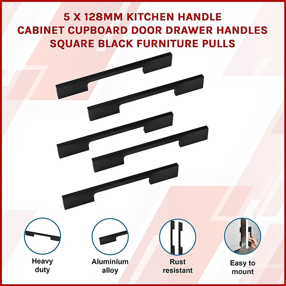 5 x 128mm Kitchen Handle Cabinet Cupboard Door Drawer Handles square Black furniture pulls V63-827301