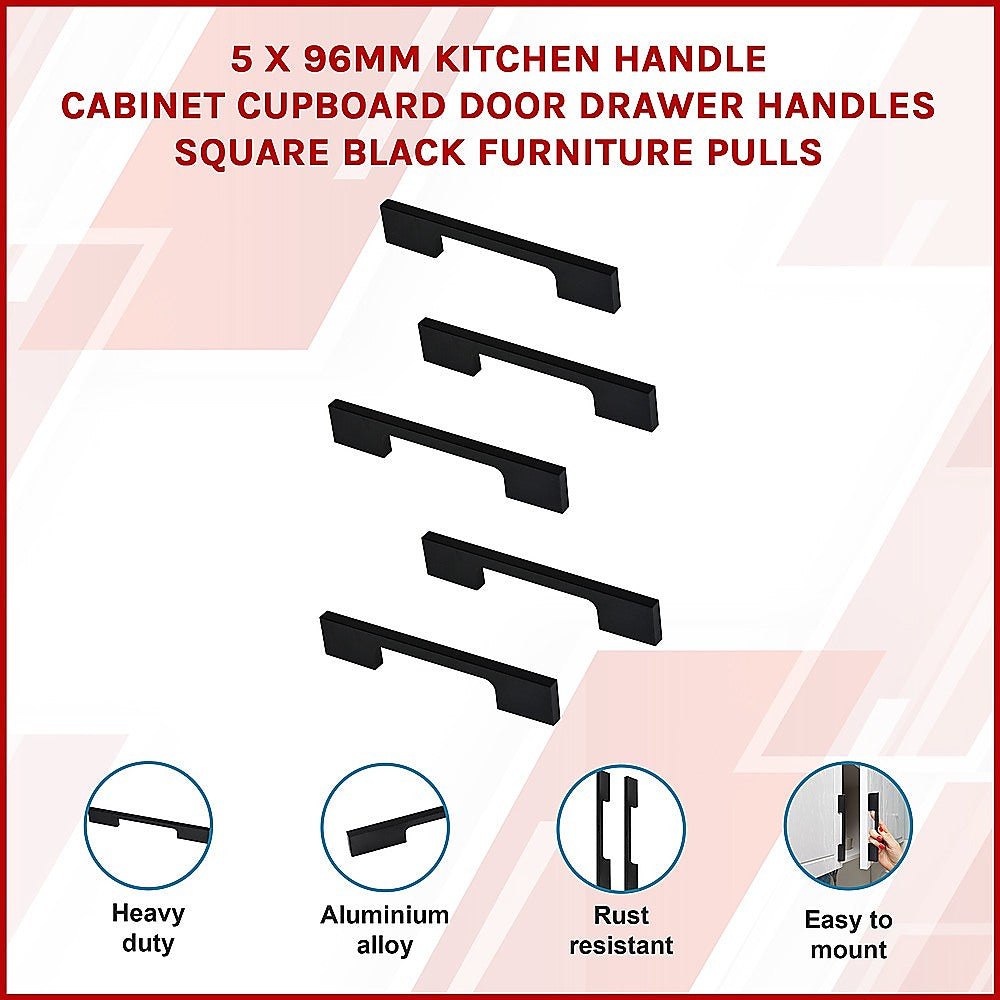 5 x 96mm Kitchen Handle Cabinet Cupboard Door Drawer Handles square Black furniture pulls V63-827321