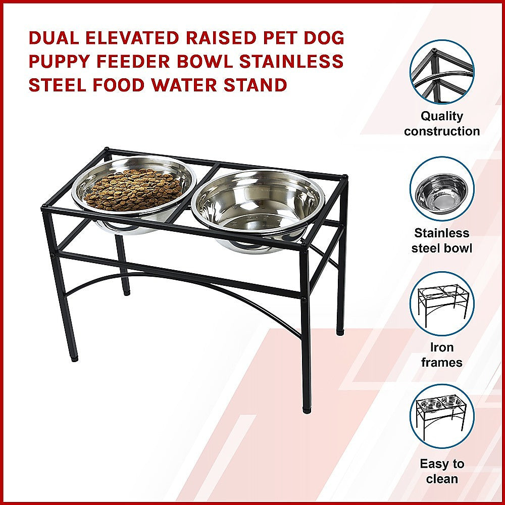 Dual Elevated Raised Pet Dog Puppy Feeder Bowl Stainless Steel Food Water Stand V63-827551