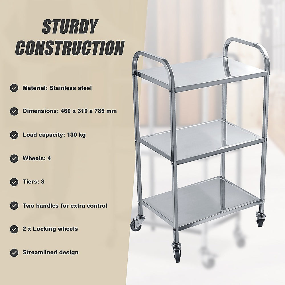3 Tiers Food Trolley Cart Stainless Steel Utility Kitchen Dining Service V63-827561