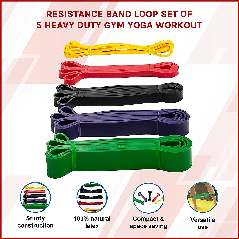 Resistance Band Loop Set of 5 Heavy Duty Gym Yoga Workout V63-827781