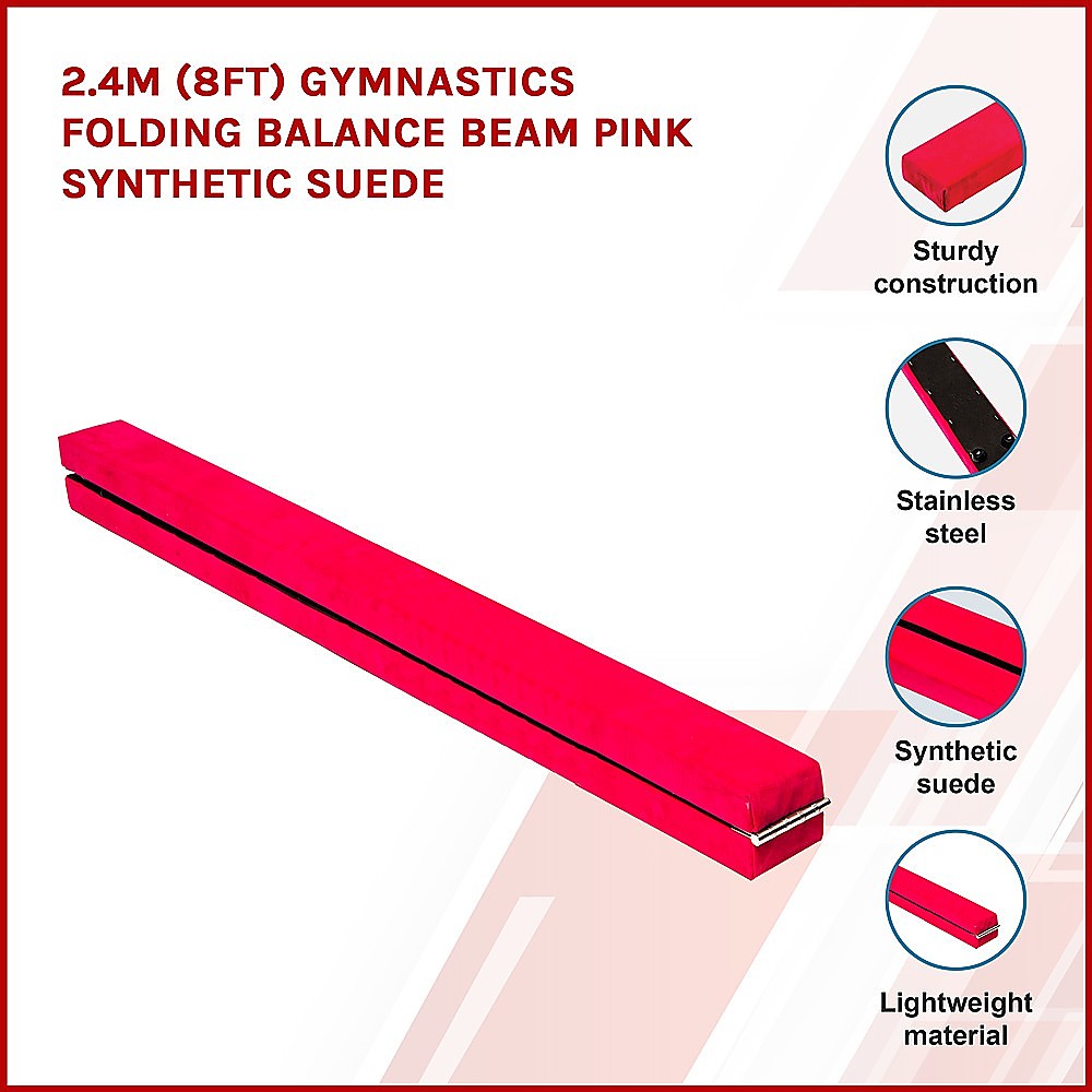 2.4m (8FT) Gymnastics Folding Balance Beam Pink Synthetic Suede V63-827851