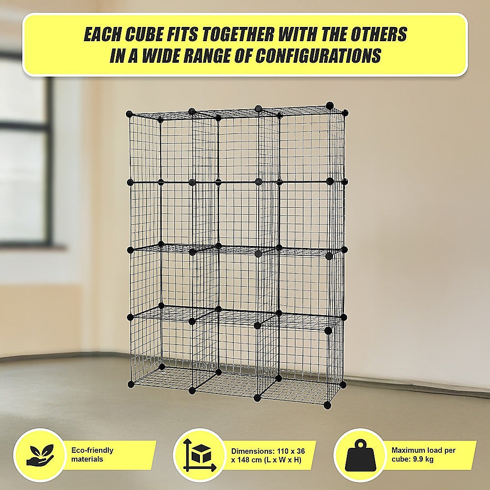 12 Cube Wire Grid Organiser Bookcase Storage Cabinet Wardrobe Closet Black V63-827861