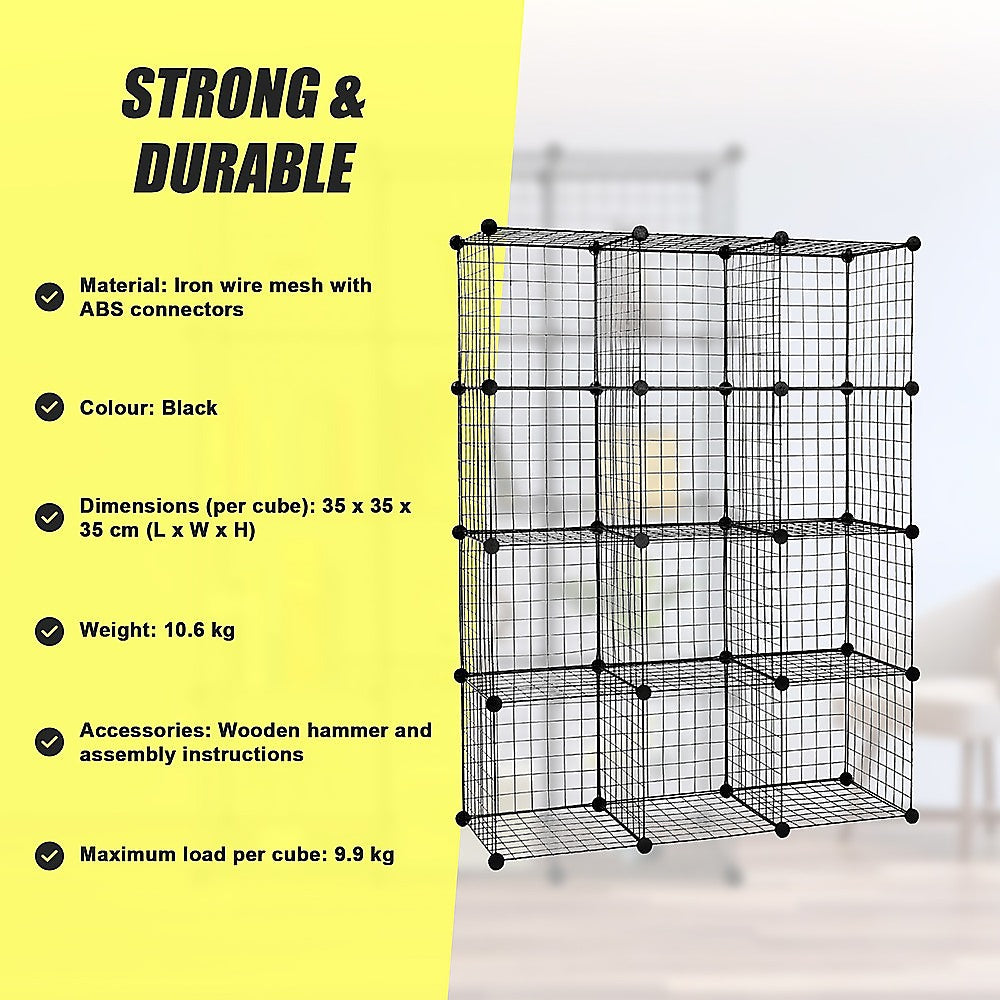 12 Cube Wire Grid Organiser Bookcase Storage Cabinet Wardrobe Closet Black V63-827861