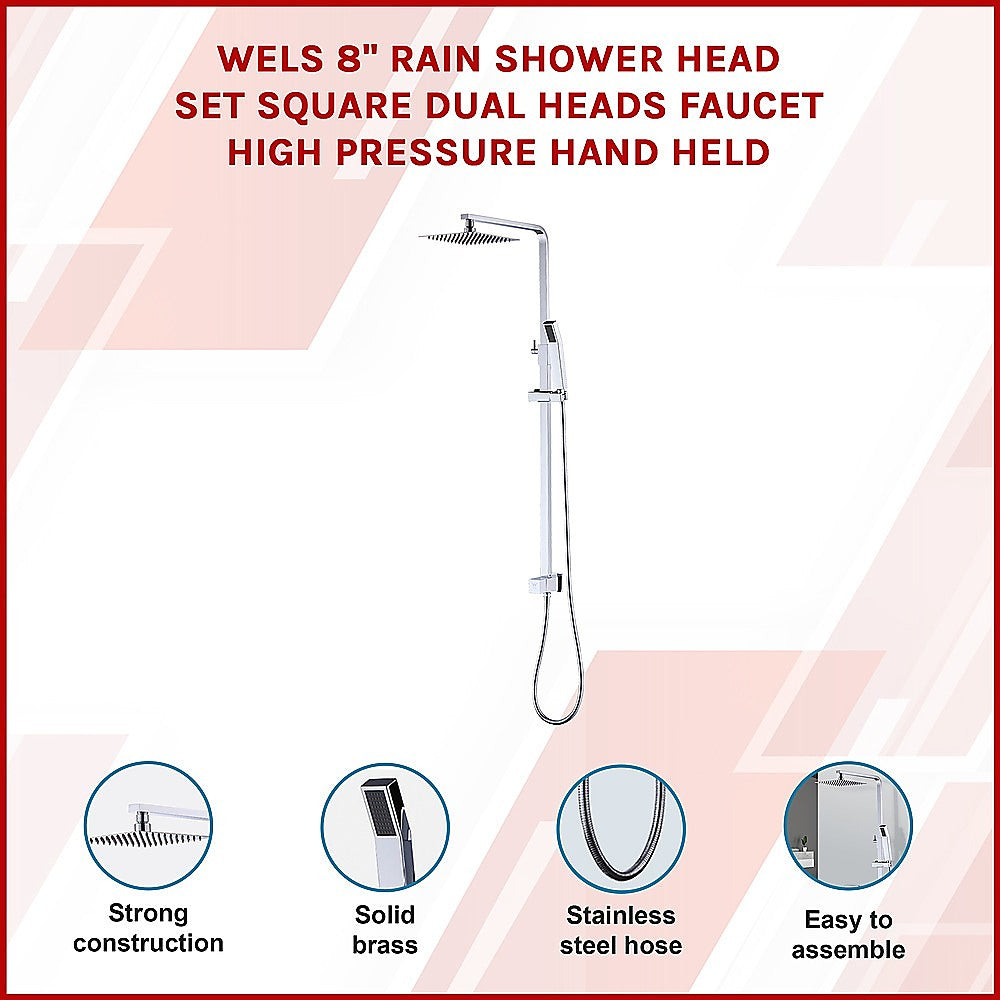 WELS 8" Rain Shower Head Set Square Dual Heads Faucet High Pressure Hand Held V63-827931