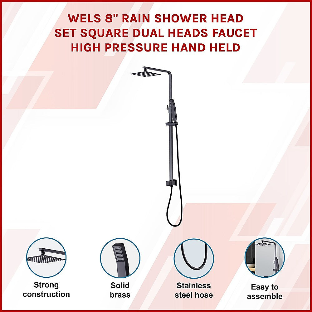 WELS 8" Rain Shower Head Set Square Dual Heads Faucet High Pressure Hand Held V63-827941