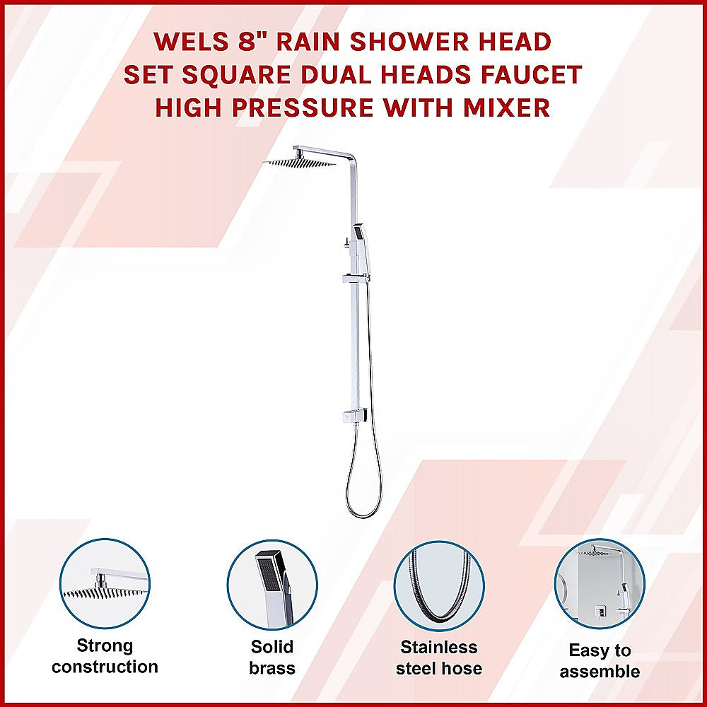 WELS 8" Rain Shower Head Set Square Dual Heads Faucet High Pressure With Mixer V63-827951