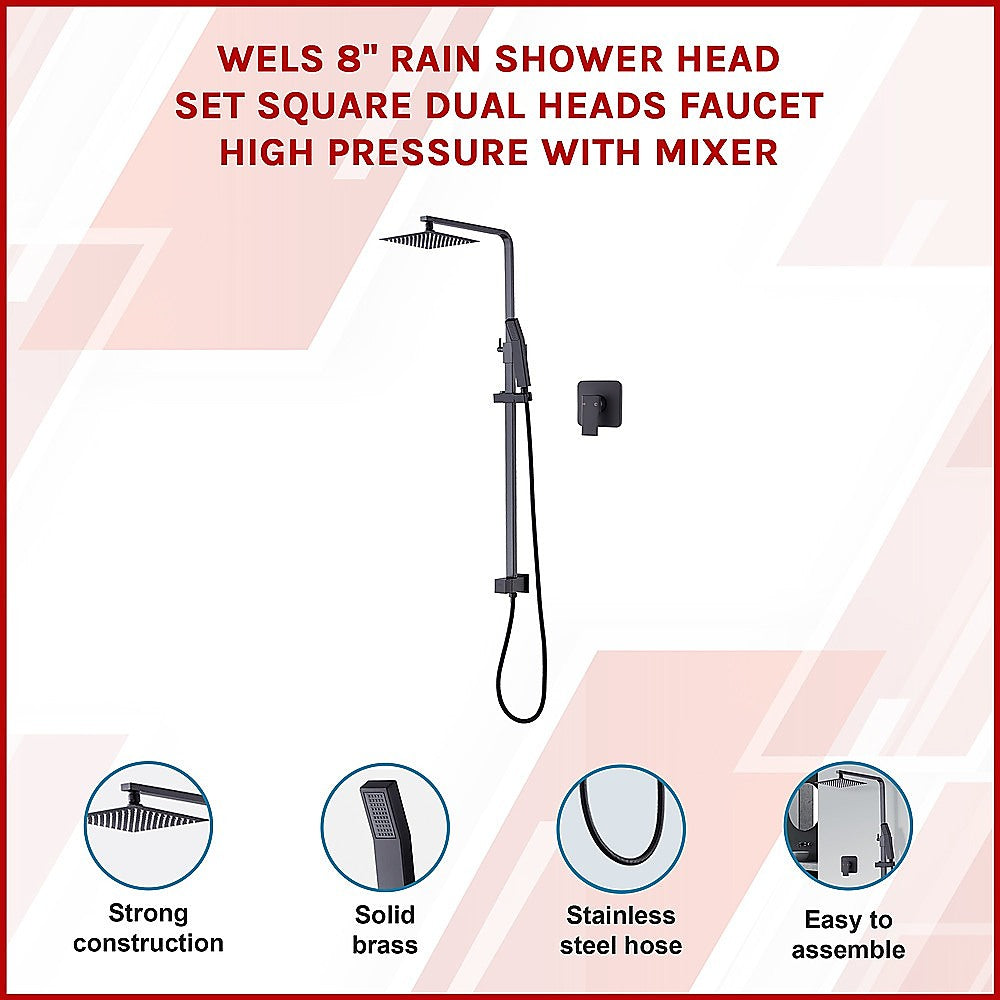 WELS 8" Rain Shower Head Set Square Dual Heads Faucet High Pressure With Mixer V63-827961