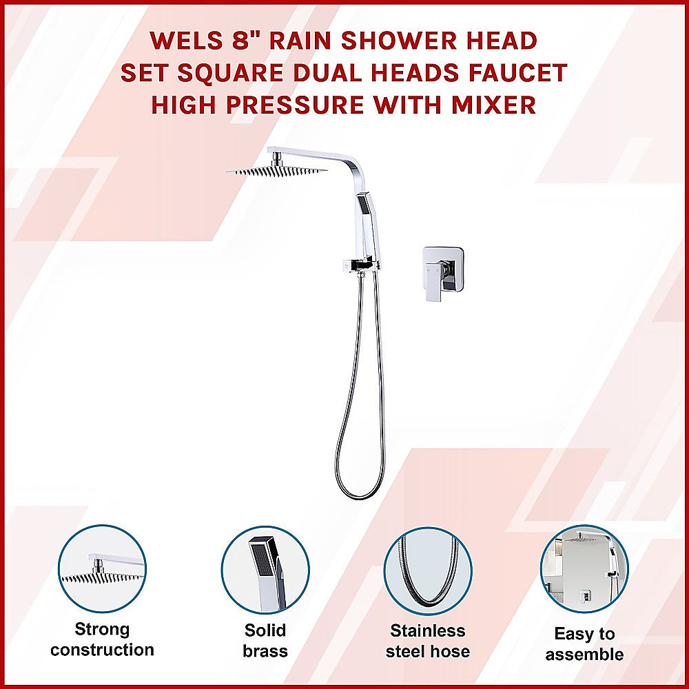 WELS 8" Rain Shower Head Set Square Dual Heads Faucet High Pressure With Mixer V63-828011