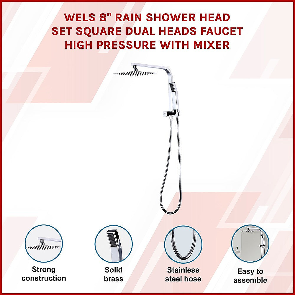 WELS 8" Rain Shower Head Set Square Dual Heads Faucet High Pressure Hand Held V63-828021