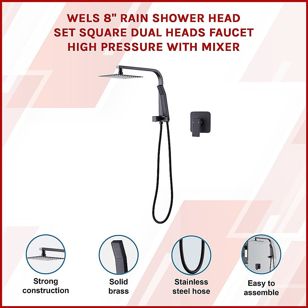 WELS 8" Rain Shower Head Set Square Dual Heads Faucet High Pressure With Mixer V63-828031