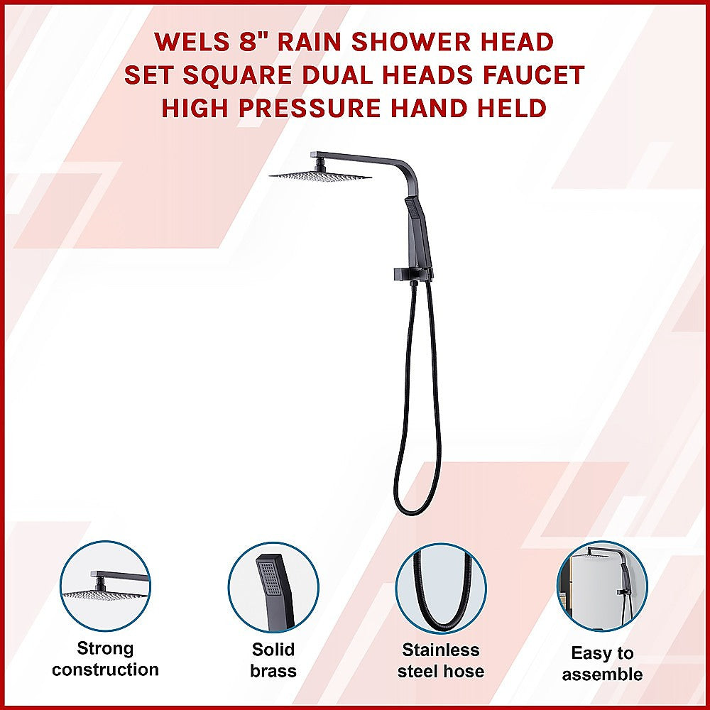 WELS 8" Rain Shower Head Set Square Dual Heads Faucet High Pressure Hand Held V63-828041
