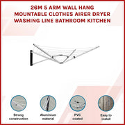 26m 5 Arm Wall Hang Mountable Clothes Airer Dryer Washing Line Bathroom Kitchen V63-828071