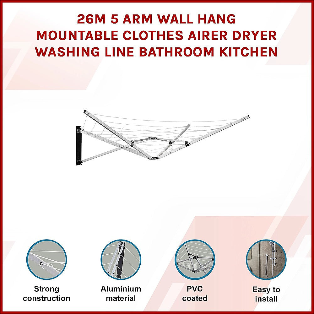 26m 5 Arm Wall Hang Mountable Clothes Airer Dryer Washing Line Bathroom Kitchen V63-828071