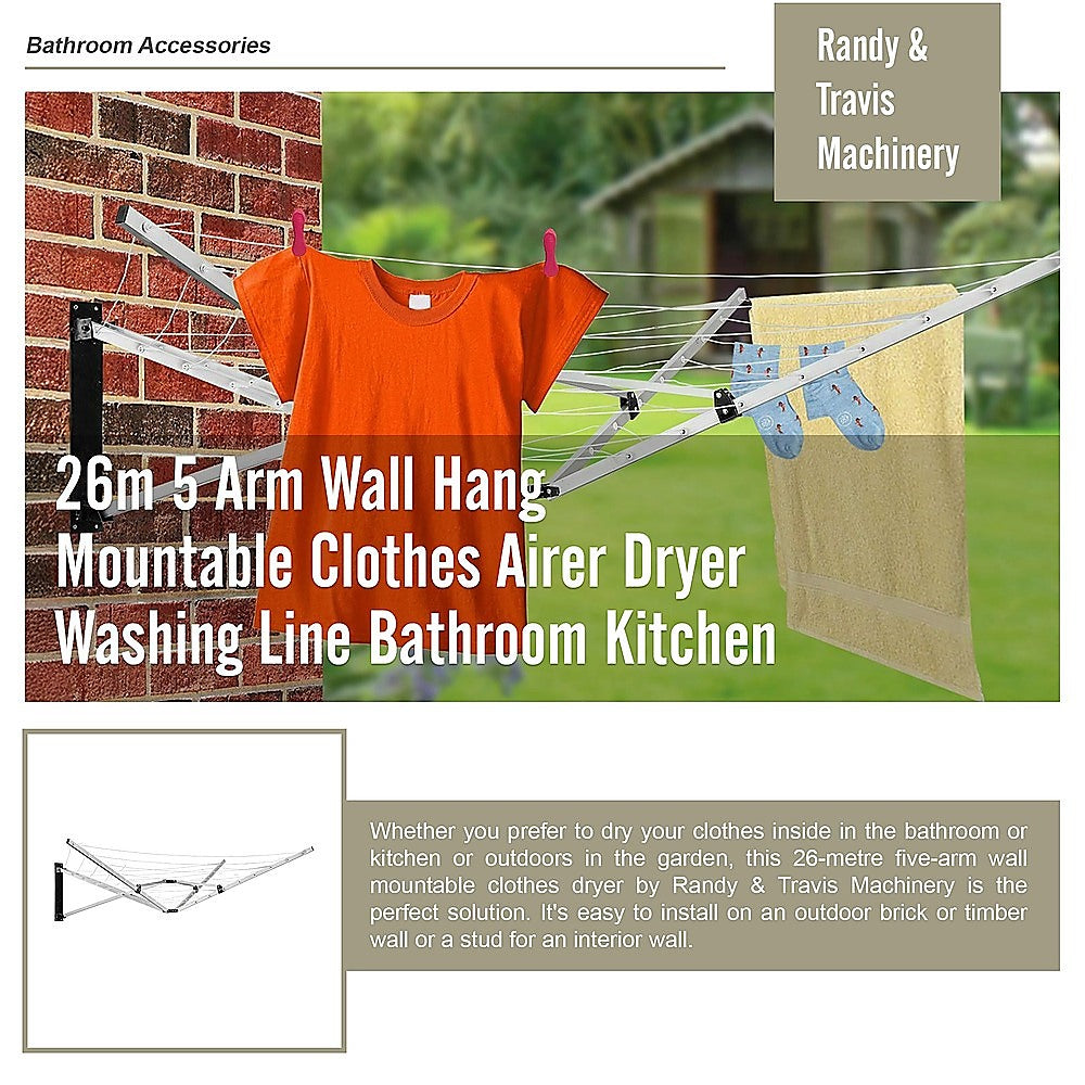 26m 5 Arm Wall Hang Mountable Clothes Airer Dryer Washing Line Bathroom Kitchen V63-828071