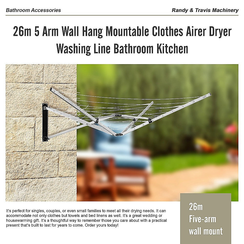26m 5 Arm Wall Hang Mountable Clothes Airer Dryer Washing Line Bathroom Kitchen V63-828071