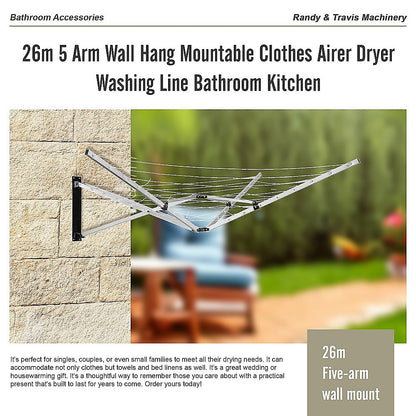 26m 5 Arm Wall Hang Mountable Clothes Airer Dryer Washing Line Bathroom Kitchen V63-828071