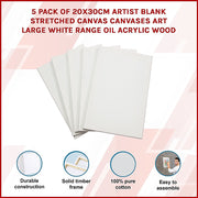 5 pack of 20x30cm Artist Blank Stretched Canvas Canvases Art Large White Range Oil Acrylic Wood V63-828091