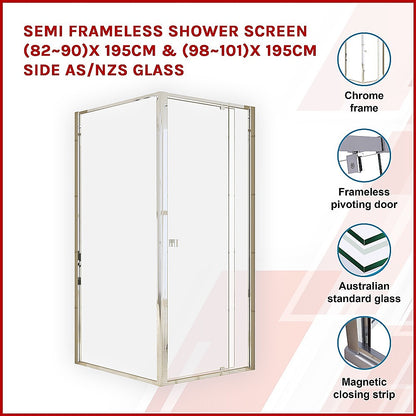 Semi Frameless Shower Screen (82~90)x 195cm & (98~101)x 195cm Side AS/NZS Glass V63-828641