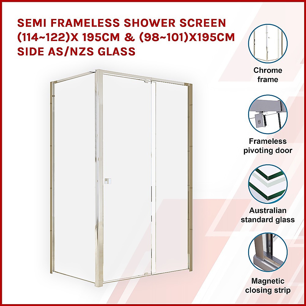 Semi Frameless Shower Screen (114~122)x 195cm & (98~101)x195cm Side AS/NZS Glass V63-828661