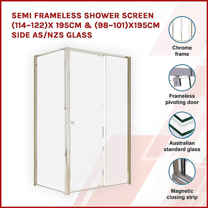 Semi Frameless Shower Screen (114~122)x 195cm & (98~101)x195cm Side AS/NZS Glass V63-828661