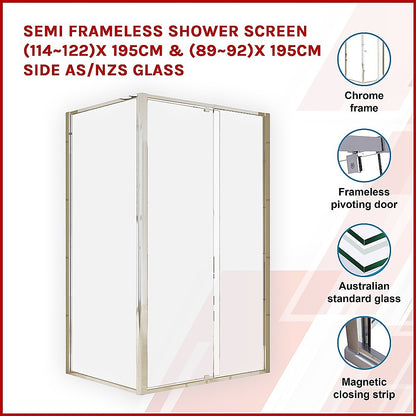 Semi Frameless Shower Screen (114~122)x 195cm & (89~92)x 195cm Side AS/NZS Glass V63-828671