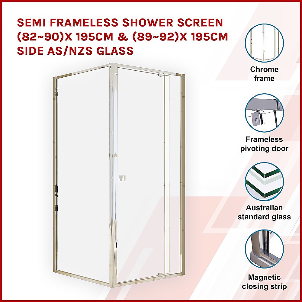 Semi Frameless Shower Screen (82~90)x 195cm & (89~92)x 195cm Side AS/NZS Glass V63-828691