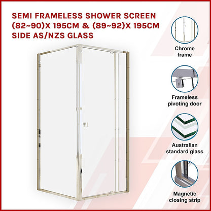 Semi Frameless Shower Screen (82~90)x 195cm & (89~92)x 195cm Side AS/NZS Glass V63-828691