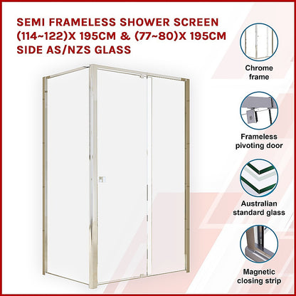 Semi Frameless Shower Screen (114~122)x 195cm & (77~80)x 195cm Side AS/NZS Glass V63-828711