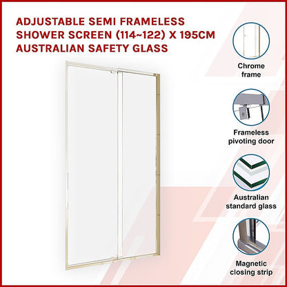 Adjustable Semi Frameless Shower Screen (114~122) x 195cm Australian Safety Glass V63-828731