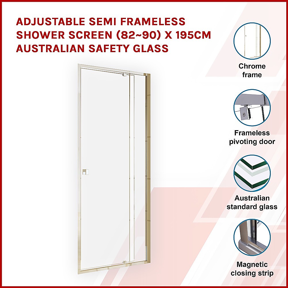 Adjustable Semi Frameless Shower Screen (82~90) x 195cm Australian Safety Glass V63-828751