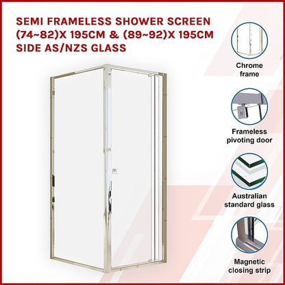 Semi Frameless Shower Screen (74~82)x 195cm & (89~92)x 195cm Side AS/NZS Glass V63-828771