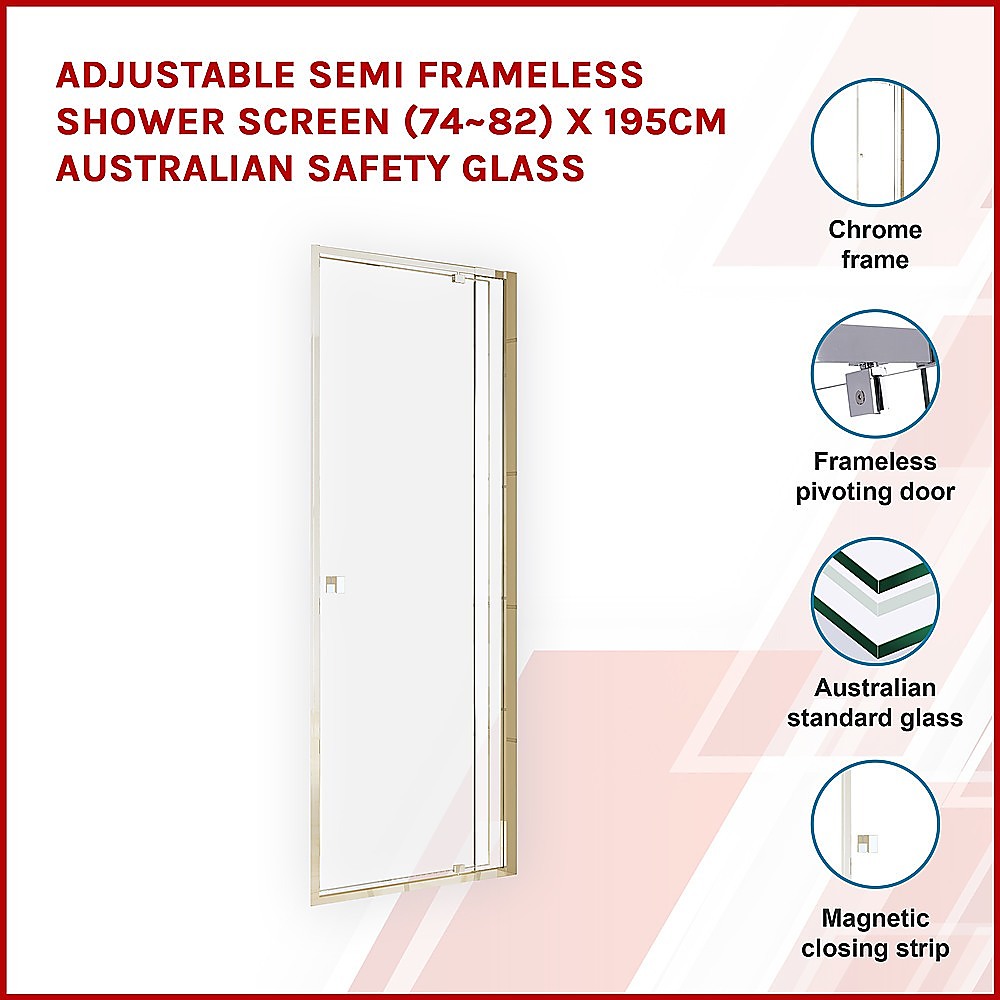 Adjustable Semi Frameless Shower Screen (74~82) x 195cm Australian Safety Glass V63-828791