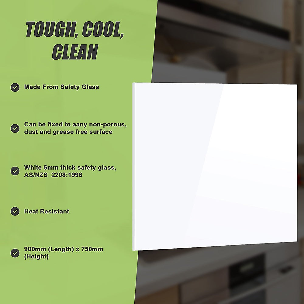 Toughened 90cm x 75cm White Glass Kitchen Splashback V63-828811