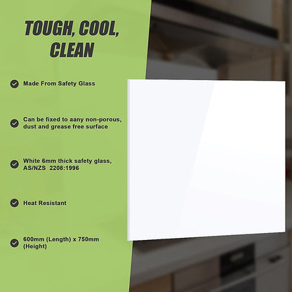 Toughened 60cm x 75cm White Glass Kitchen Splashback V63-828831