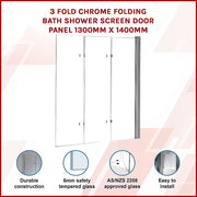 3 Fold Chrome Folding Bath Shower Screen Door Panel 1300mm x 1400mm V63-828981