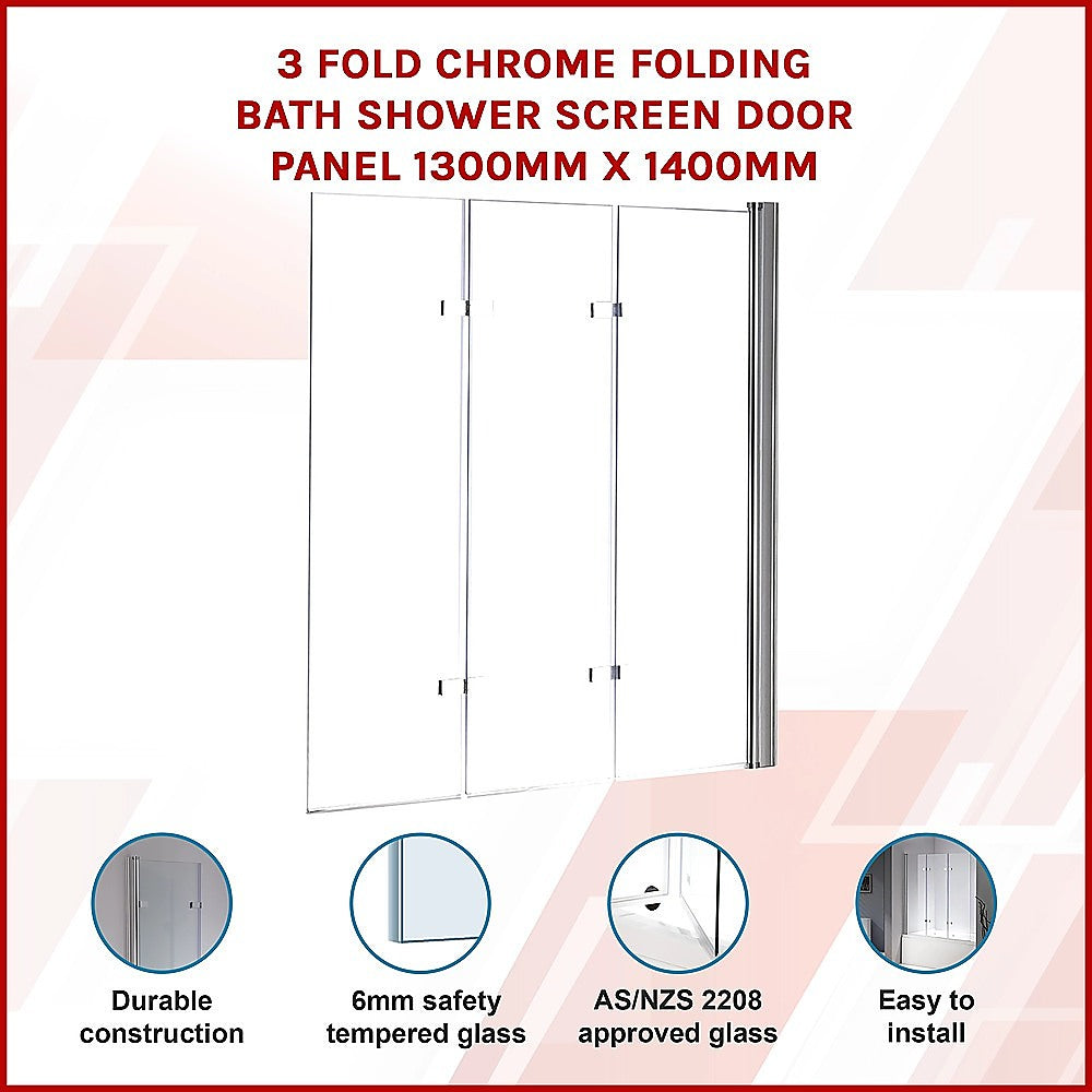 3 Fold Chrome Folding Bath Shower Screen Door Panel 1300mm x 1400mm V63-828981