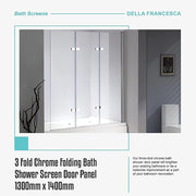 3 Fold Chrome Folding Bath Shower Screen Door Panel 1300mm x 1400mm V63-828981