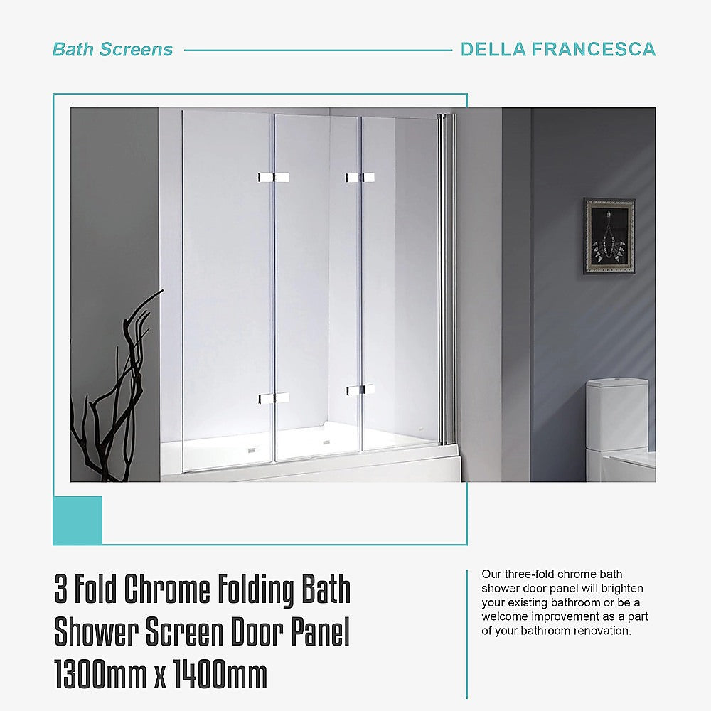 3 Fold Chrome Folding Bath Shower Screen Door Panel 1300mm x 1400mm V63-828981