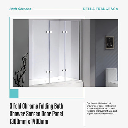 3 Fold Chrome Folding Bath Shower Screen Door Panel 1300mm x 1400mm V63-828981