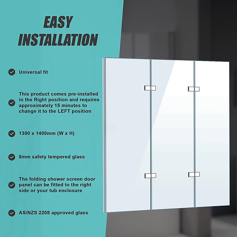 3 Fold Chrome Folding Bath Shower Screen Door Panel 1300mm x 1400mm V63-828981