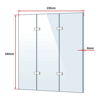 3 Fold Chrome Folding Bath Shower Screen Door Panel 1300mm x 1400mm V63-828981