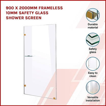 900 x 2000mm Frameless 10mm Safety Glass Shower Screen V63-829621