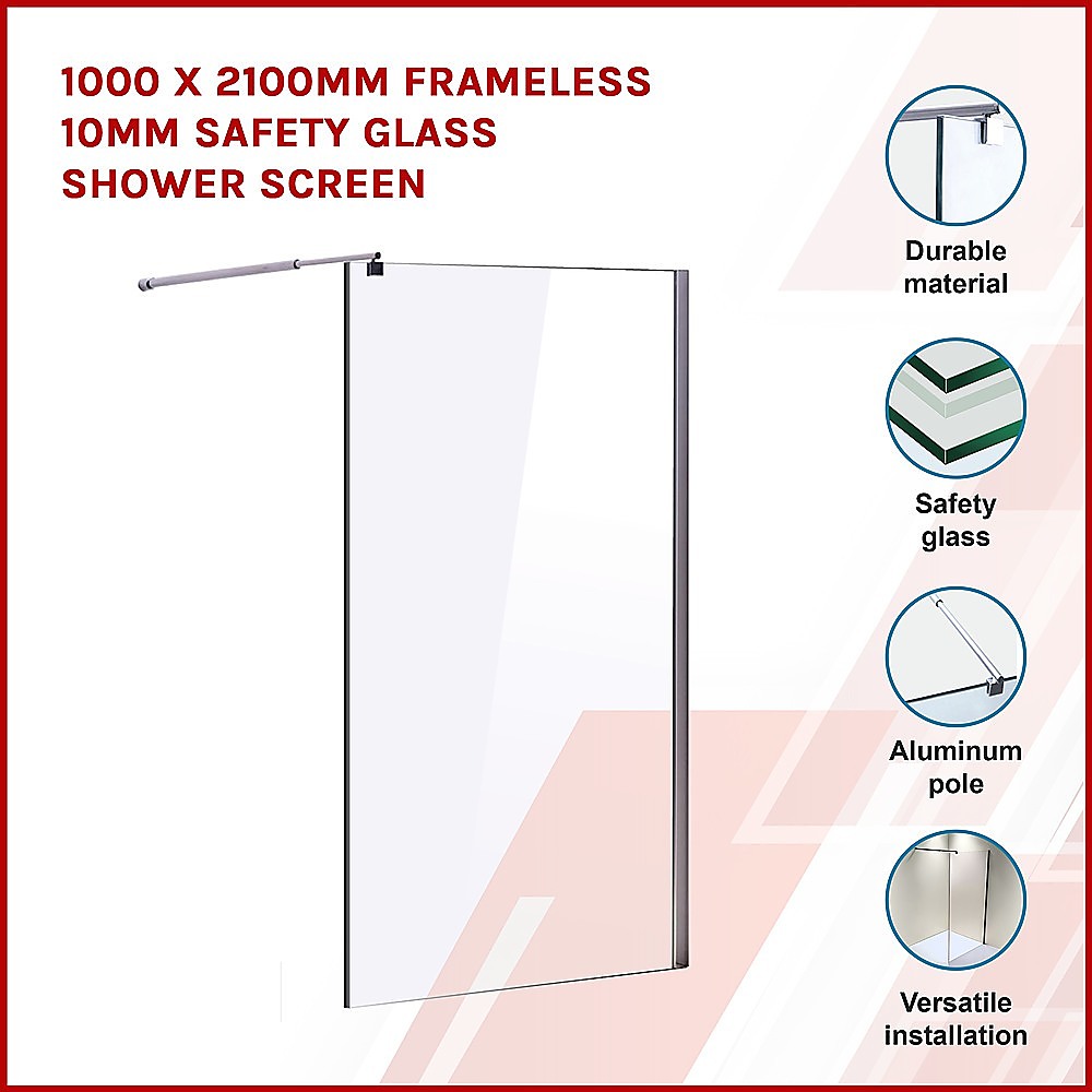 1000 x 2100mm Frameless 10mm Safety Glass Shower Screen V63-829701