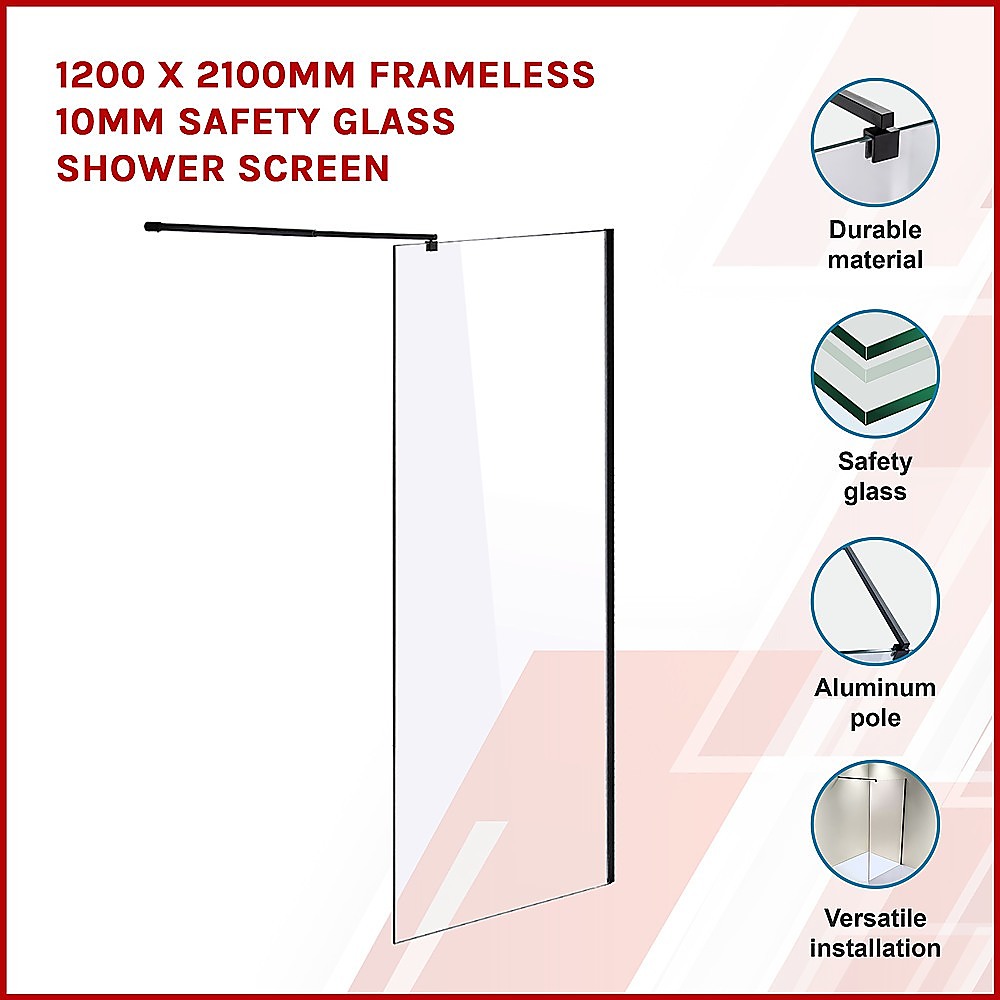 1200 x 2100mm Frameless 10mm Safety Glass Shower Screen V63-829841