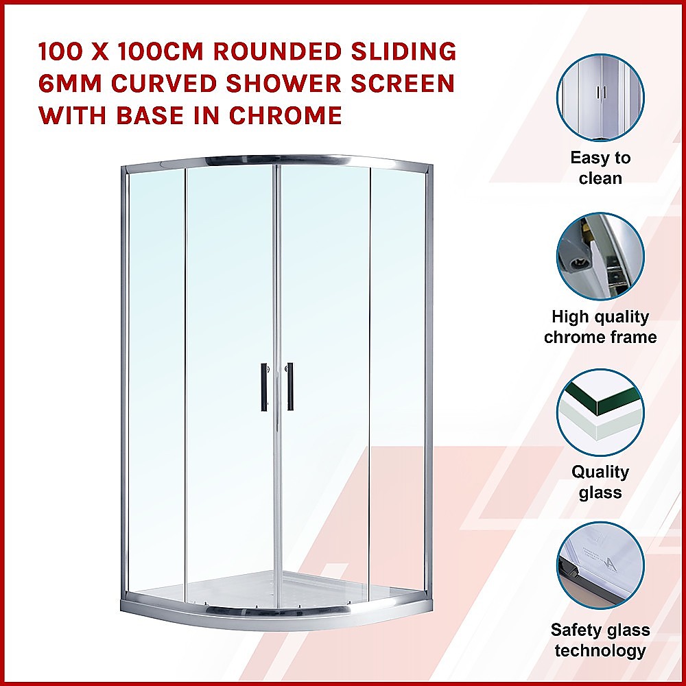 100 x 100cm Rounded Sliding 6mm Curved Shower Screen with Base in Chrome V63-830041