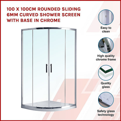 100 x 100cm Rounded Sliding 6mm Curved Shower Screen with Base in Chrome V63-830041