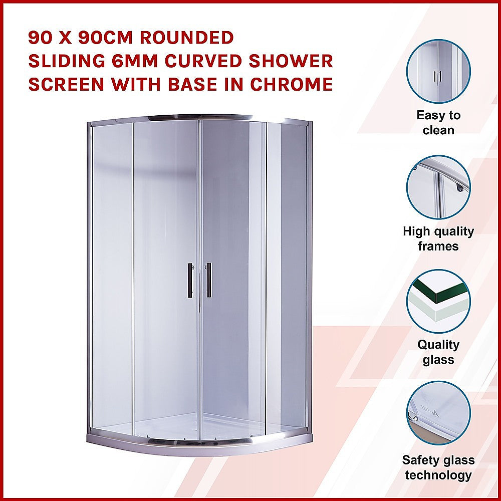 90 x 90cm Rounded Sliding 6mm Curved Shower Screen with Base in Chrome V63-830051